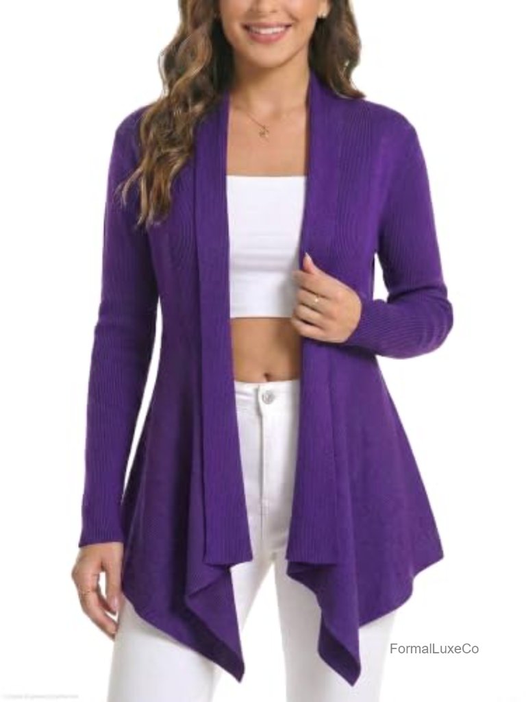 Open Front Draped Cardigan, Ribbed Knit Long Sleeve Asymmetrical Hem Layering